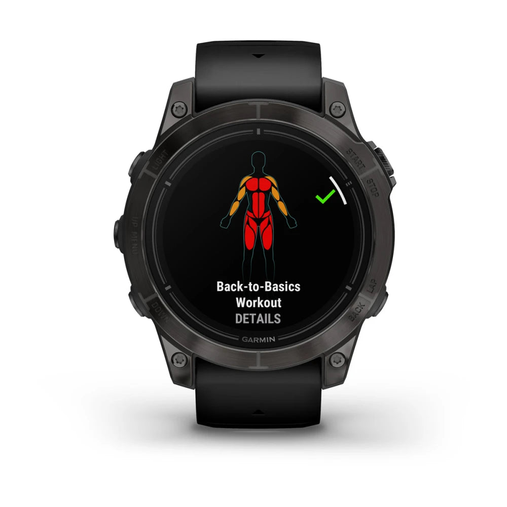 Garmin epix Pro (Gen 2) Sapphire Edition smartwatch displaying a Back-to-Basics Workout screen with a graphic of a human figure and workout details.
