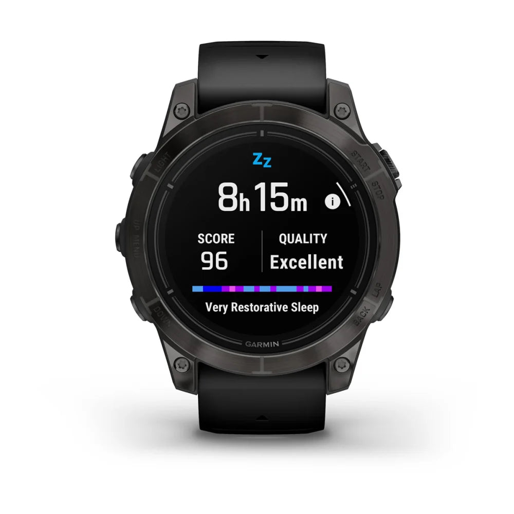 Garmin epix Pro (Gen 2) Sapphire Edition smartwatch displaying sleep data with a score of 96 and a quality rating of Excellent, indicating 8 hours and 15 minutes of very restorative sleep.