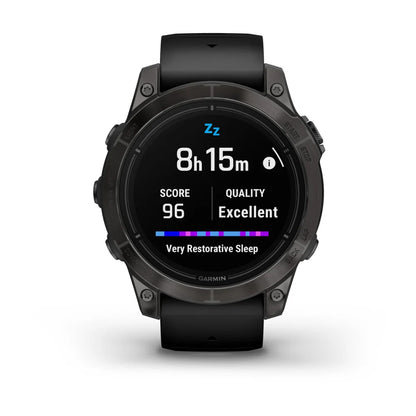 Garmin epix Pro (Gen 2) Sapphire Edition smartwatch displaying sleep data with a score of 96 and a quality rating of Excellent, indicating 8 hours and 15 minutes of very restorative sleep.