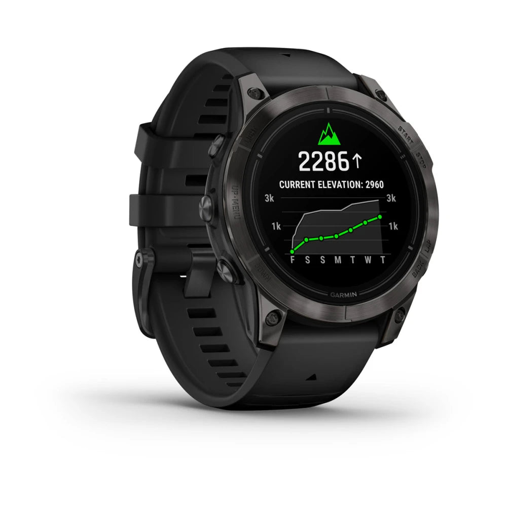 Garmin epix Pro (Gen 2) Sapphire Edition smartwatch displaying current elevation and a graph of elevation data.