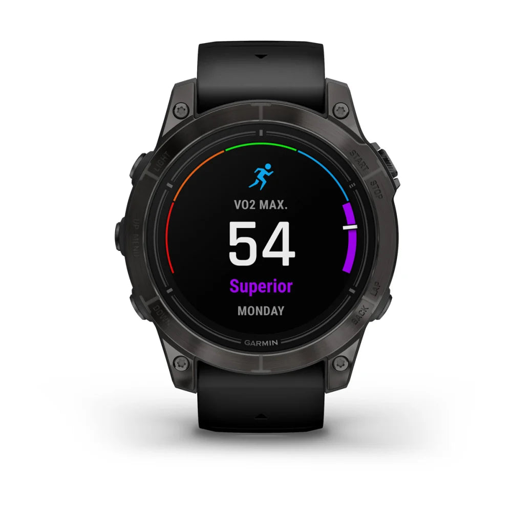 Garmin epix Pro (Gen 2) Sapphire Edition smartwatch displaying a VO2 Max value of 54, categorized as Superior, with the day marked as Monday.