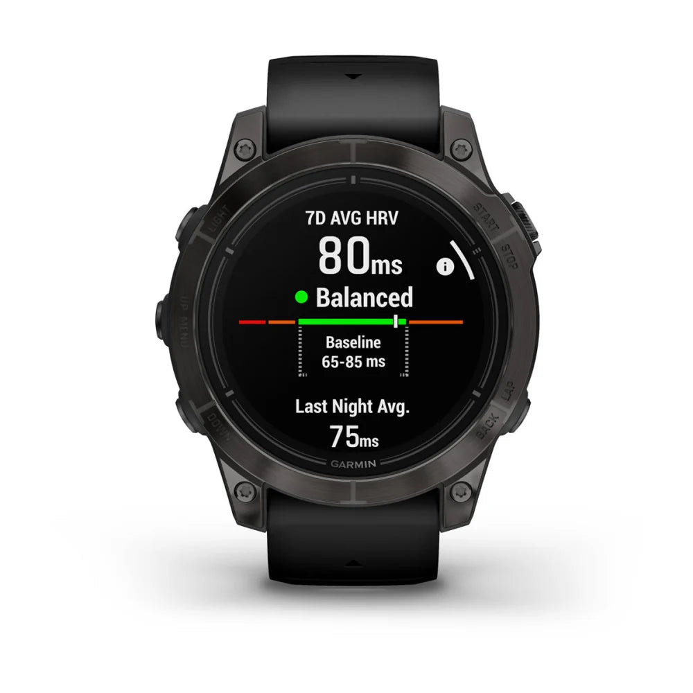 Garmin epix Pro (Gen 2) Sapphire Edition smartwatch displaying heart rate variability metrics, with a reading of 80 ms marked as balanced.