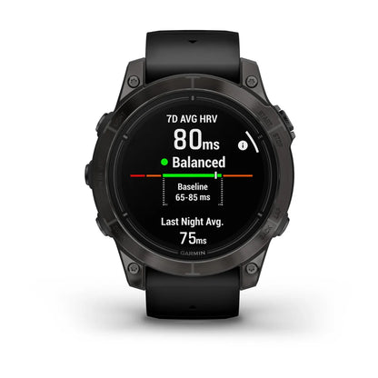 Garmin epix Pro (Gen 2) Sapphire Edition smartwatch displaying heart rate variability metrics, with a reading of 80 ms marked as balanced.
