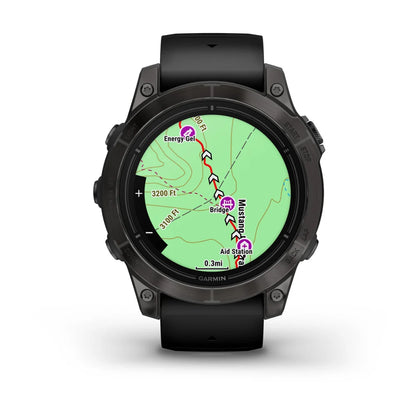 Garmin epix Pro (Gen 2) Sapphire Edition displaying a detailed map with route markers, including locations for energy gel, a bridge, and an aid station.