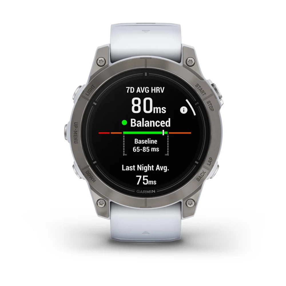 Garmin epix Pro (Gen 2) Sapphire Edition smartwatch displaying heart rate variability metrics with a white strap.