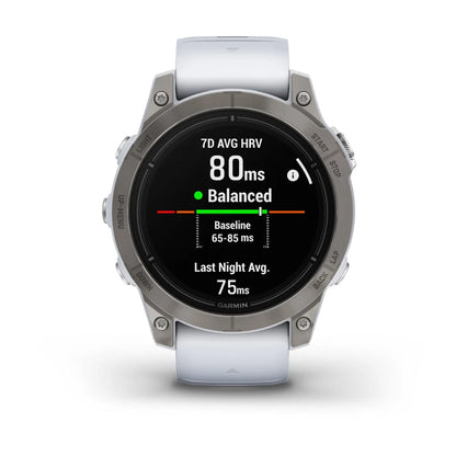 Garmin epix Pro (Gen 2) Sapphire Edition smartwatch displaying heart rate variability metrics with a white strap.