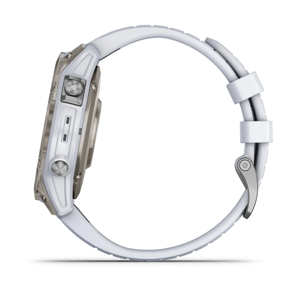 Side view of the Garmin epix Pro (Gen 2) Sapphire Edition smartwatch featuring a sleek design and a white silicone strap.