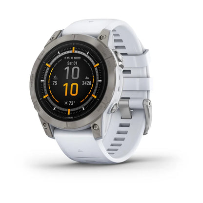 Garmin epix Pro (Gen 2) Sapphire Edition smartwatch with a white strap, displaying the time and activity metrics on its screen.