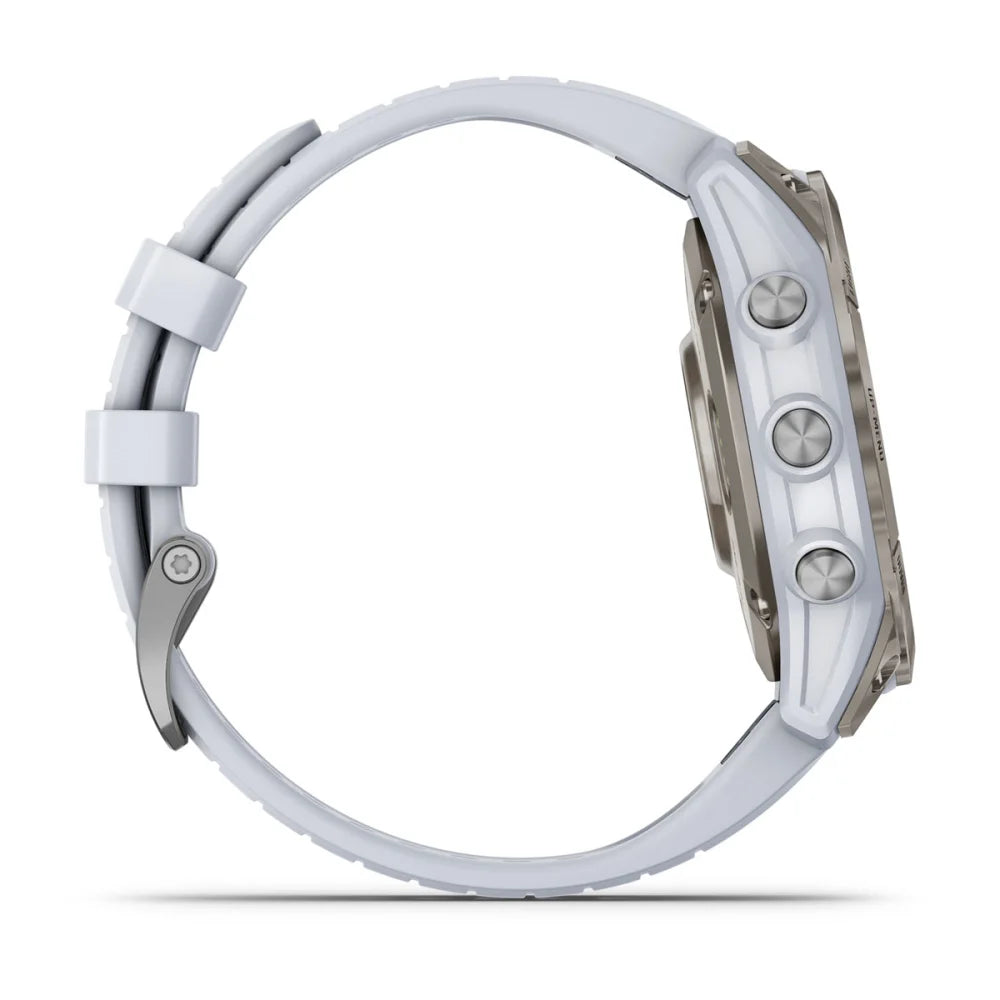 Side view of the Garmin epix Pro (Gen 2) Sapphire Edition smartwatch, featuring a sleek design with a white silicone strap and stainless steel accents.
