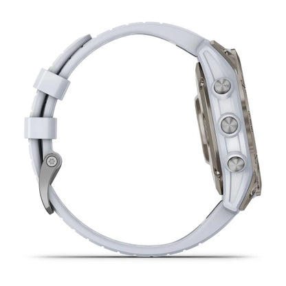 Side view of the Garmin epix Pro (Gen 2) Sapphire Edition smartwatch, featuring a sleek design with a white silicone strap and stainless steel accents.