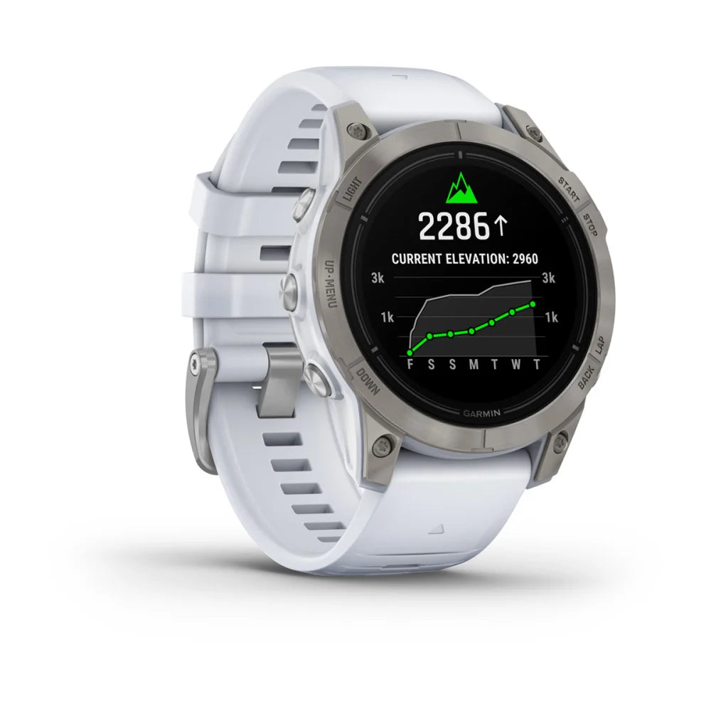 Garmin epix Pro (Gen 2) Sapphire Edition smartwatch displaying elevation data with a white strap.