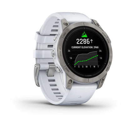 Garmin epix Pro (Gen 2) Sapphire Edition smartwatch displaying elevation data with a white strap.