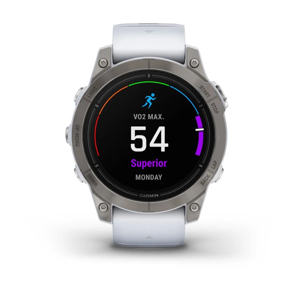 Garmin epix Pro (Gen 2) Sapphire Edition smartwatch displaying VO2 Max score of 54 with a 'Superior' rating on a black screen.