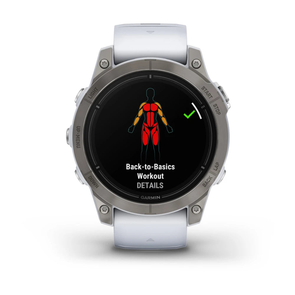 Garmin epix Pro (Gen 2) Sapphire Edition smartwatch displaying a 'Back-to-Basics Workout' screen with an illustration of a human figure highlighting muscle groups.