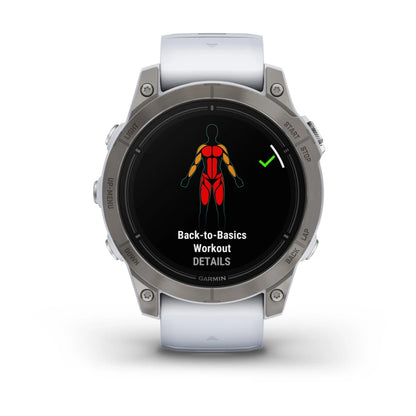 Garmin epix Pro (Gen 2) Sapphire Edition smartwatch displaying a 'Back-to-Basics Workout' screen with an illustration of a human figure highlighting muscle groups.