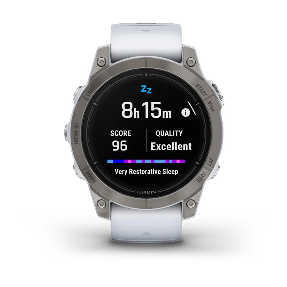 Garmin epix Pro (Gen 2) Sapphire Edition smartwatch displaying sleep data, showing 8 hours and 15 minutes of sleep with a score of 96 and quality rated as excellent.