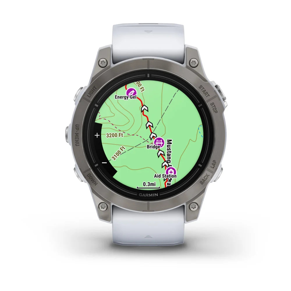 Garmin epix Pro (Gen 2) Sapphire Edition smartwatch displaying a detailed map with marked points such as Energy Gel, Bridge, and Aid Station.
