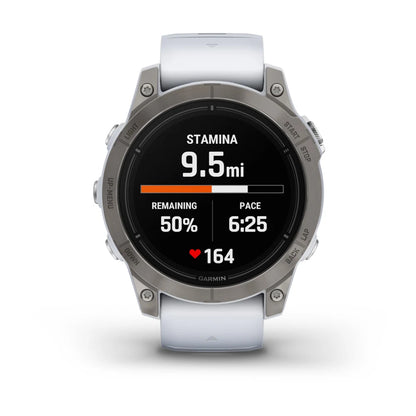 Garmin epix Pro (Gen 2) Sapphire Edition smartwatch displaying stamina metrics with a white strap, showing 9.5 miles, 50% remaining, pace of 6:25, and heart rate of 164.