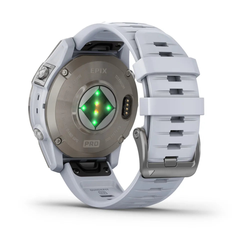 Back view of the Garmin epix Pro (Gen 2) Sapphire Edition smartwatch, showcasing its titanium case and white silicone strap with heart rate sensors illuminated.