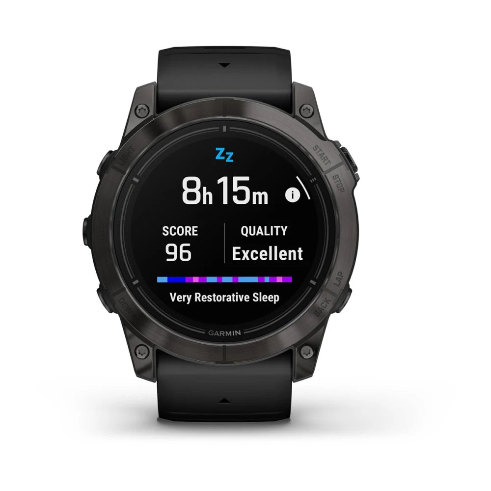 Garmin epix Pro (Gen 2) Sapphire Edition smartwatch displaying sleep data with a score of 96, indicating excellent quality and very restorative sleep.