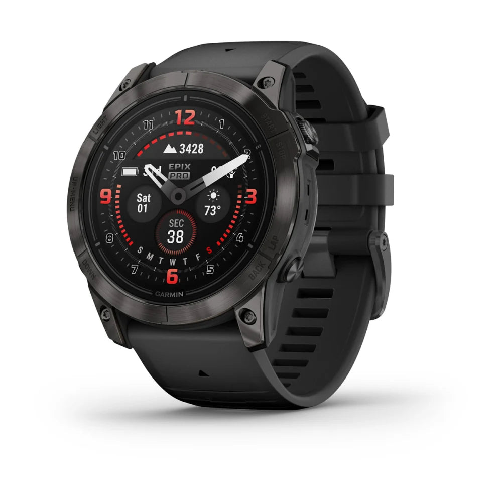 Garmin epix Pro (Gen 2) Sapphire Edition smartwatch displaying time, date, and weather information on a black silicone strap.