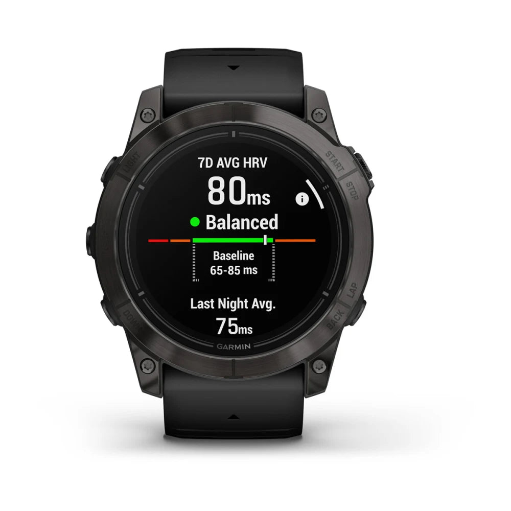 Garmin epix Pro (Gen 2) Sapphire Edition smartwatch display showing heart rate variability metrics, with a 7-day average HRV of 80 ms and a status indicator labeled 'Balanced'.