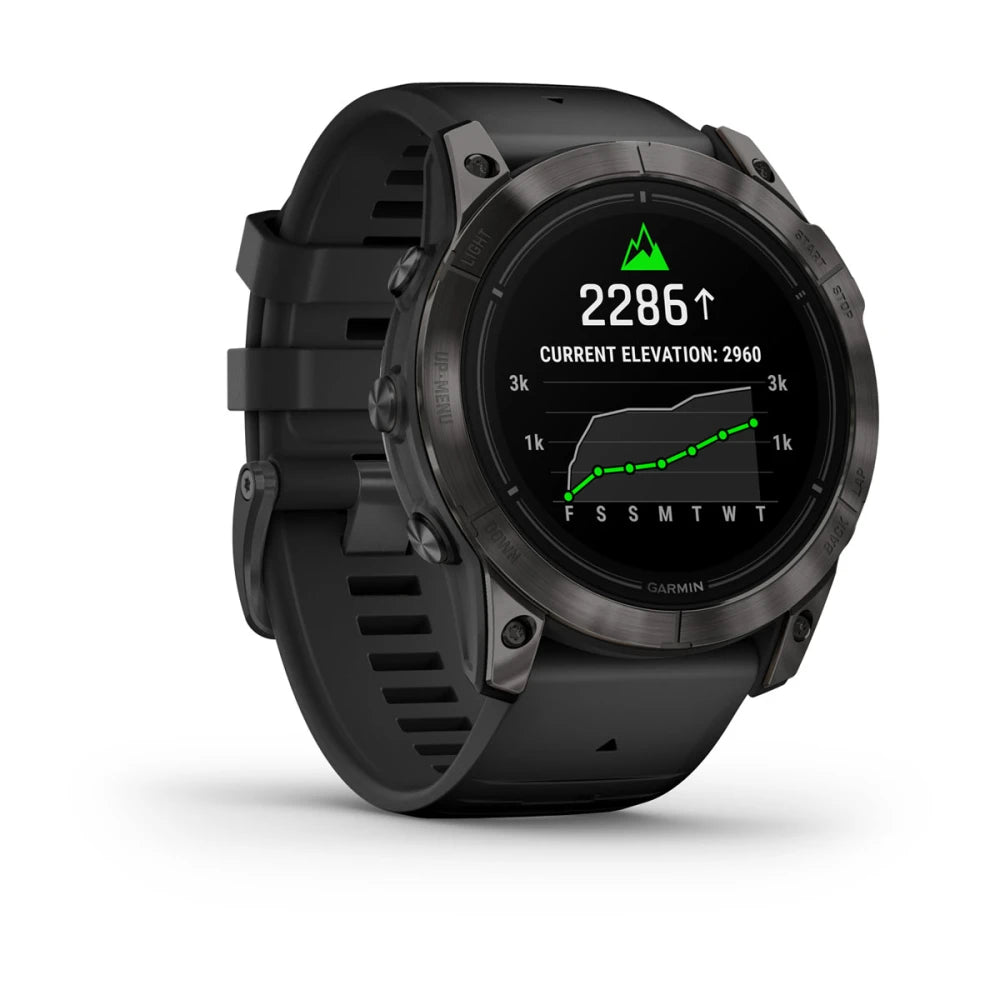 Garmin epix Pro (Gen 2) Sapphire Edition smartwatch displaying current elevation and a graph of elevation changes.