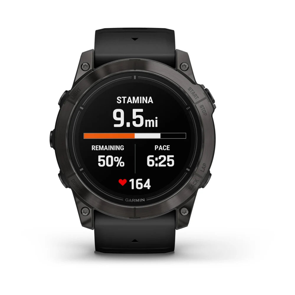 Garmin epix Pro (Gen 2) Sapphire Edition smartwatch displaying stamina of 9.5 miles, remaining 50%, pace of 6:25, and heart rate of 164.