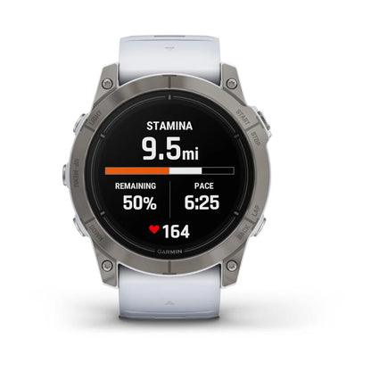 Garmin epix Pro (Gen 2) Sapphire Edition smartwatch displaying a stamina reading of 9.5 miles, remaining percentage of 50%, pace of 6:25, and heart rate of 164.