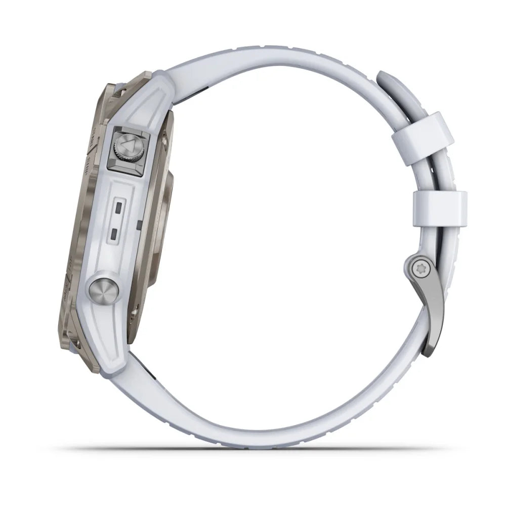 Garmin epix Pro (Gen 2) Sapphire Edition smartwatch shown from the side, featuring a white strap and a sleek design.