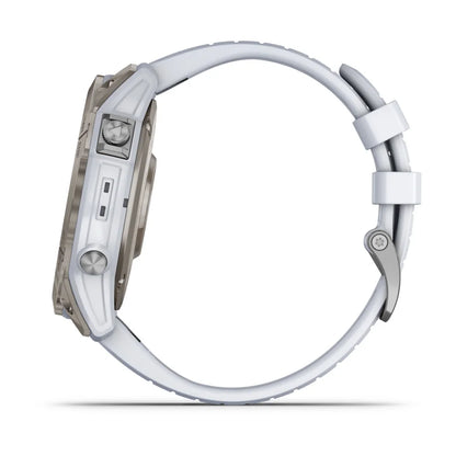 Garmin epix Pro (Gen 2) Sapphire Edition smartwatch shown from the side, featuring a white strap and a sleek design.
