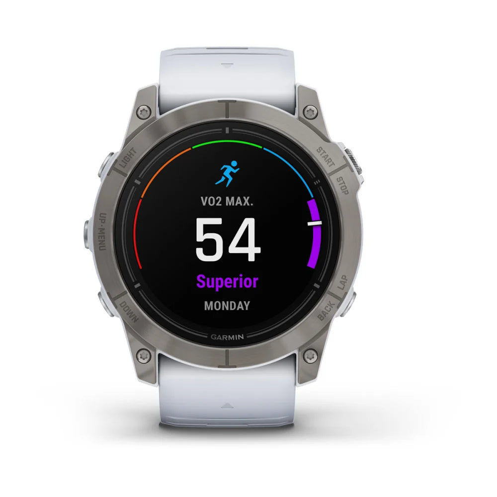 Garmin epix Pro (Gen 2) Sapphire Edition smartwatch displaying VO2 Max score of 54 with the word 'Superior' and the day 'Monday' on a black screen.