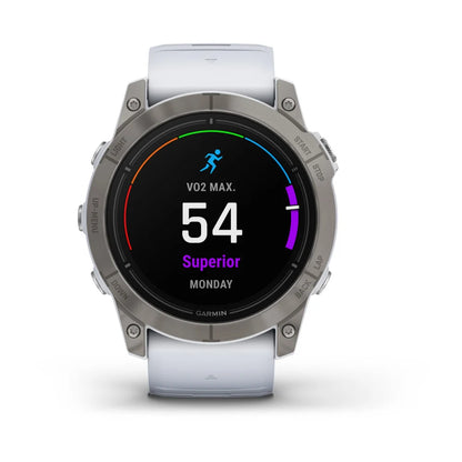 Garmin epix Pro (Gen 2) Sapphire Edition smartwatch displaying VO2 Max score of 54 with the word 'Superior' and the day 'Monday' on a black screen.
