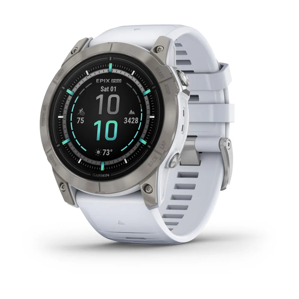 Garmin epix Pro (Gen 2) Sapphire Edition smartwatch displaying various metrics on a black screen with turquoise accents, featuring a white silicone strap.