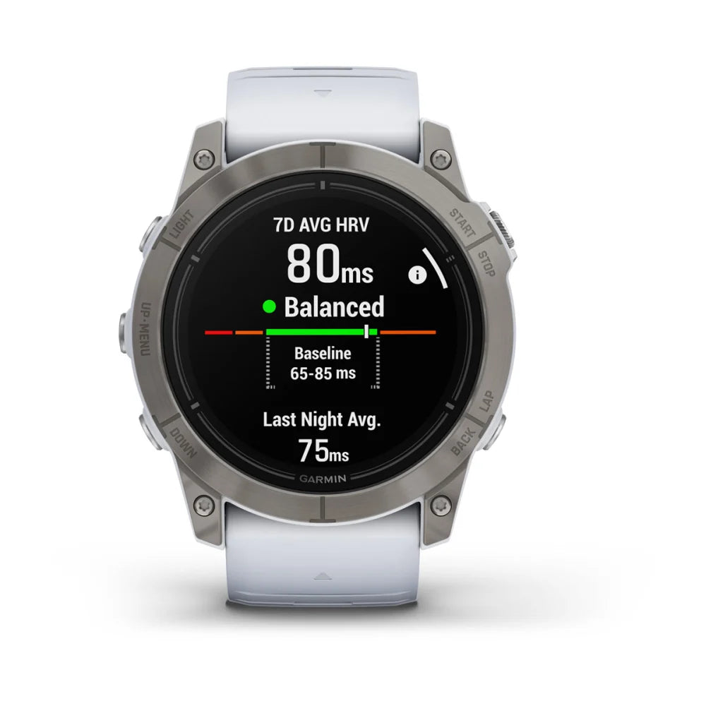 Garmin epix Pro (Gen 2) Sapphire Edition smartwatch displaying heart rate variability metrics, showing 7-day average HRV of 80ms and last night average of 75ms.