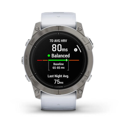 Garmin epix Pro (Gen 2) Sapphire Edition smartwatch displaying heart rate variability metrics, showing 7-day average HRV of 80ms and last night average of 75ms.