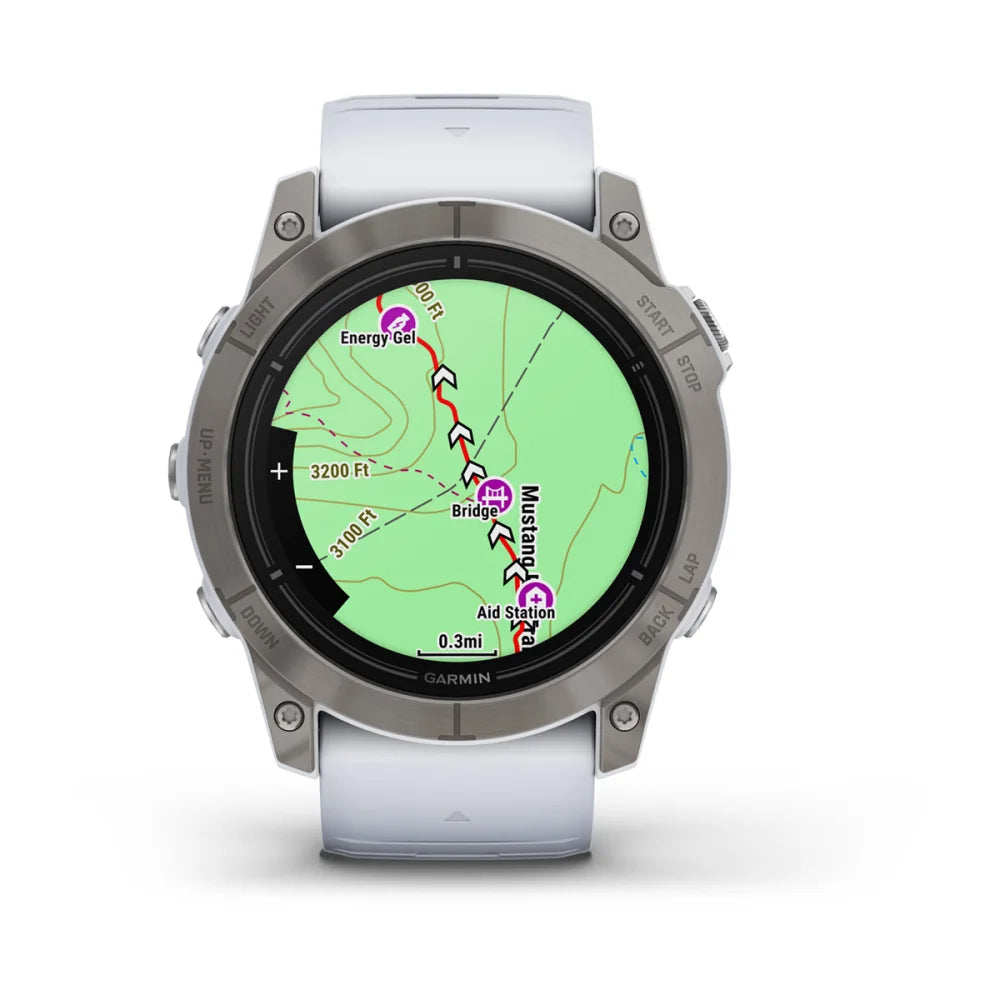Garmin epix Pro (Gen 2) Sapphire Edition smartwatch displaying a detailed map with route markers, including locations for energy gel, a bridge, and an aid station.