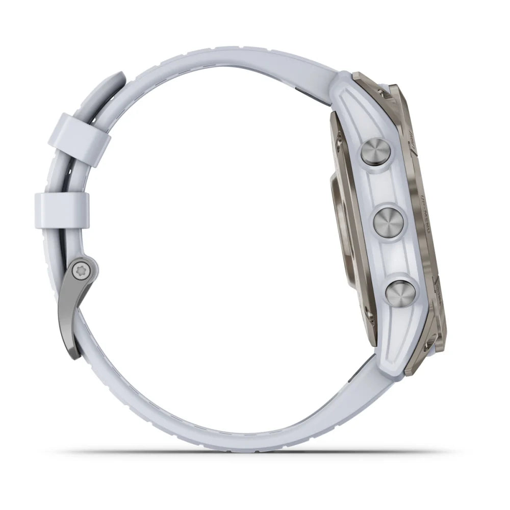 Garmin epix Pro (Gen 2) Sapphire Edition smartwatch displayed from the side, featuring a sleek design and a white strap.