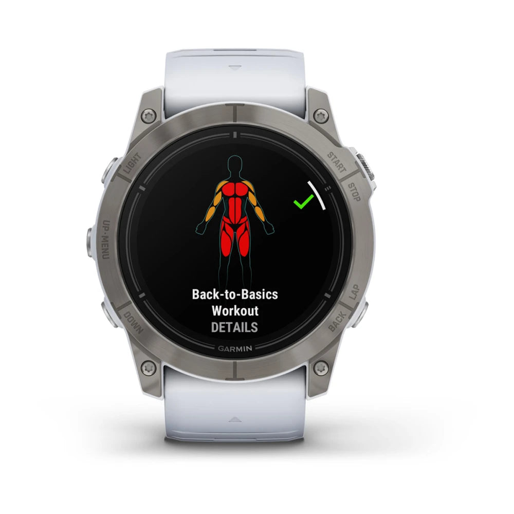 Garmin epix Pro (Gen 2) Sapphire Edition smartwatch displaying a 'Back-to-Basics Workout' screen with a graphic of a human figure highlighting muscle groups.