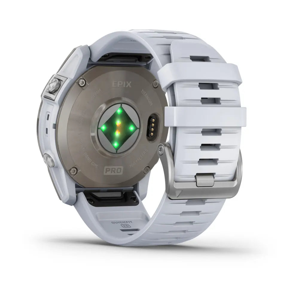 Back view of the Garmin epix Pro (Gen 2) Sapphire Edition smartwatch, featuring a white strap and a sensor with green lights.