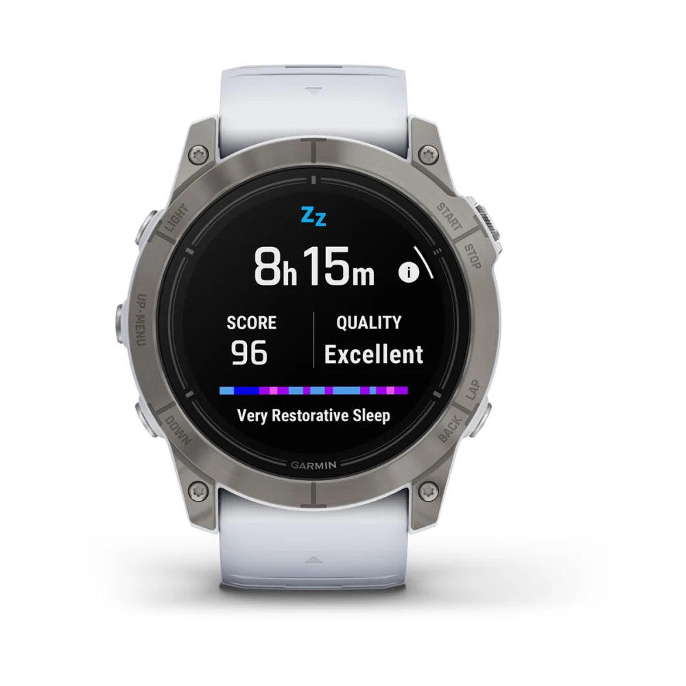 Garmin epix Pro (Gen 2) Sapphire Edition smartwatch displaying sleep data with a score of 96 and quality rated as Excellent, showing 8 hours and 15 minutes of very restorative sleep.