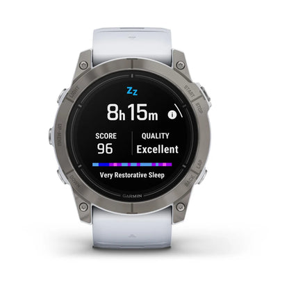 Garmin epix Pro (Gen 2) Sapphire Edition smartwatch displaying sleep data with a score of 96 and quality rated as Excellent, showing 8 hours and 15 minutes of very restorative sleep.