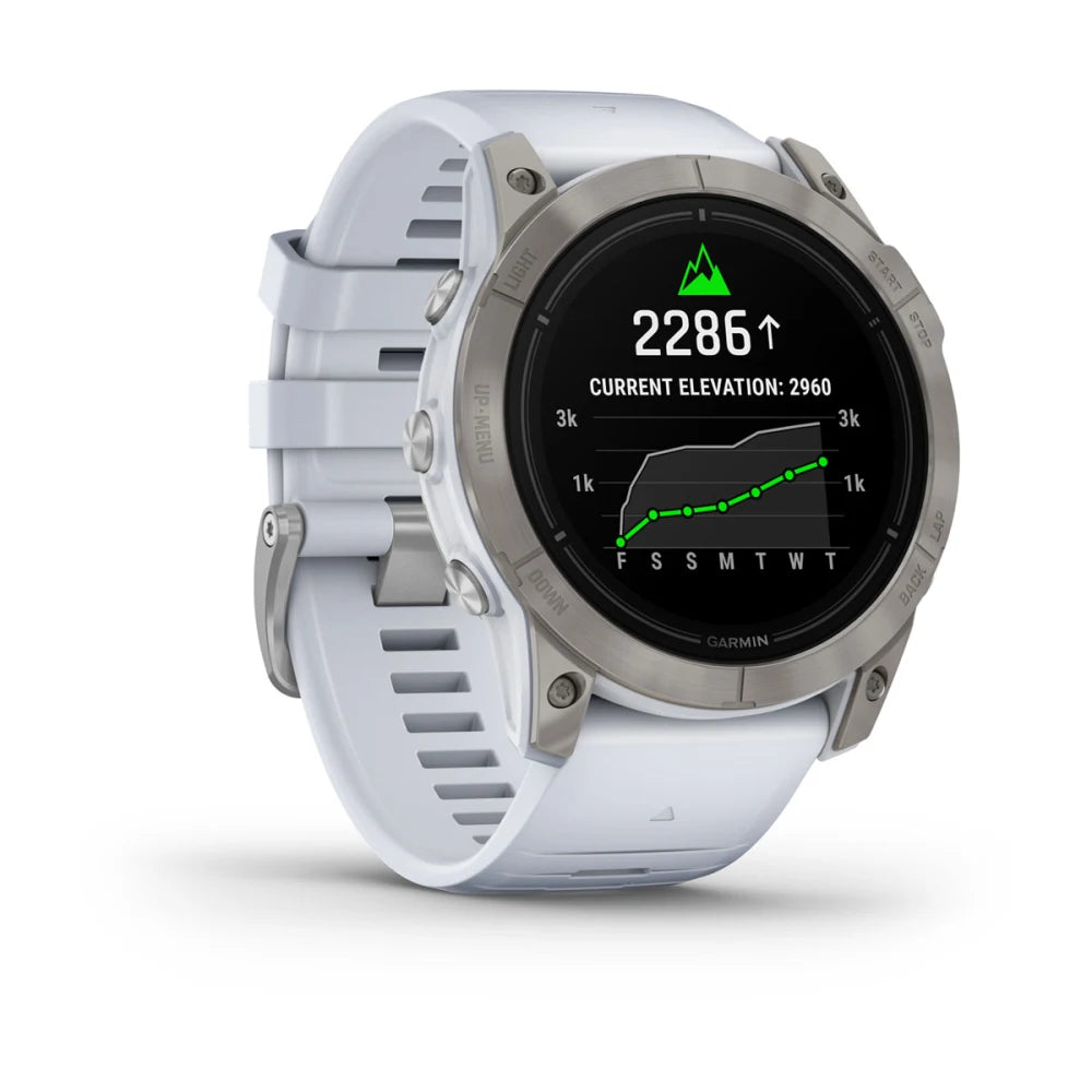 Garmin epix Pro (Gen 2) Sapphire Edition smartwatch displaying current elevation data with a white strap and silver bezel.