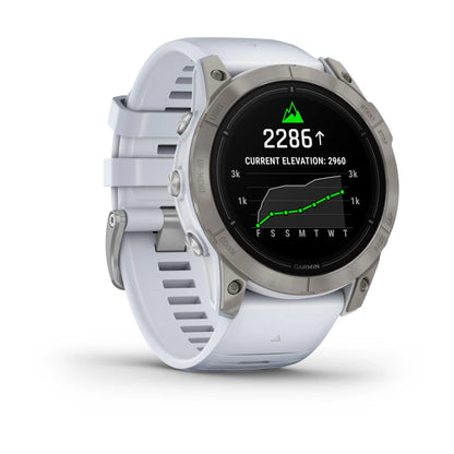 Garmin epix Pro (Gen 2) Sapphire Edition smartwatch displaying current elevation data with a white strap and silver bezel.