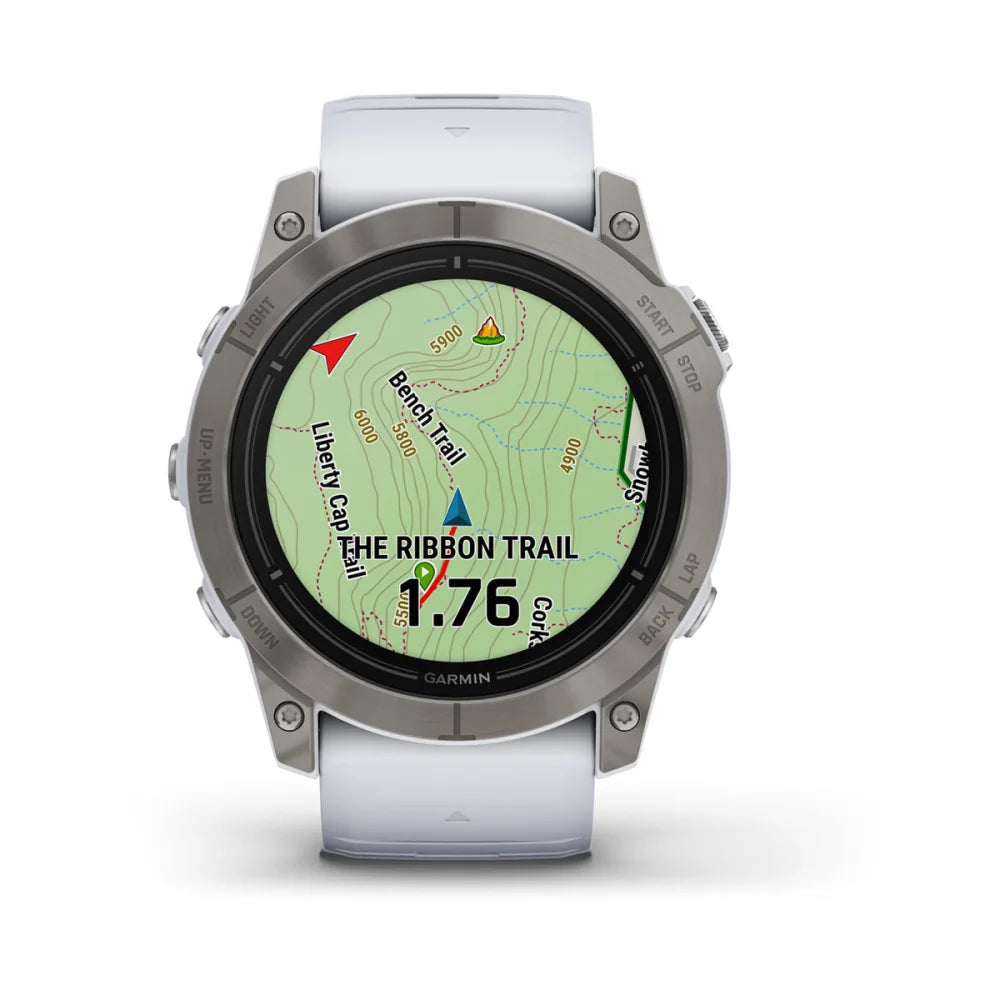 Garmin epix Pro (Gen 2) Sapphire Edition smartwatch displaying a map of The Ribbon Trail with navigation markers.