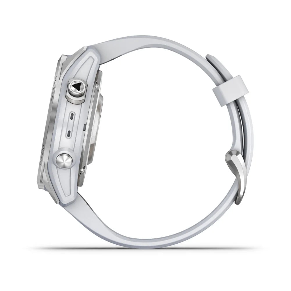 Garmin epix Pro (Gen 2) Standard Edition smartwatch shown from the side, featuring a silver case and light gray band.