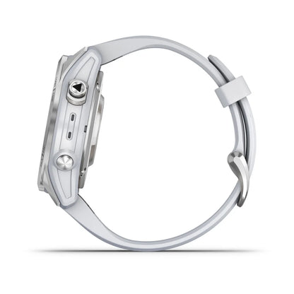 Garmin epix Pro (Gen 2) Standard Edition smartwatch shown from the side, featuring a silver case and light gray band.