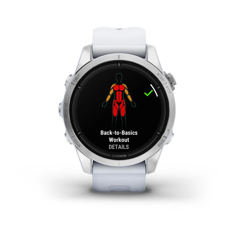 Garmin epix Pro (Gen 2) Standard Edition smartwatch displaying a Back-to-Basics Workout screen with a graphic showing muscle groups in red and yellow.