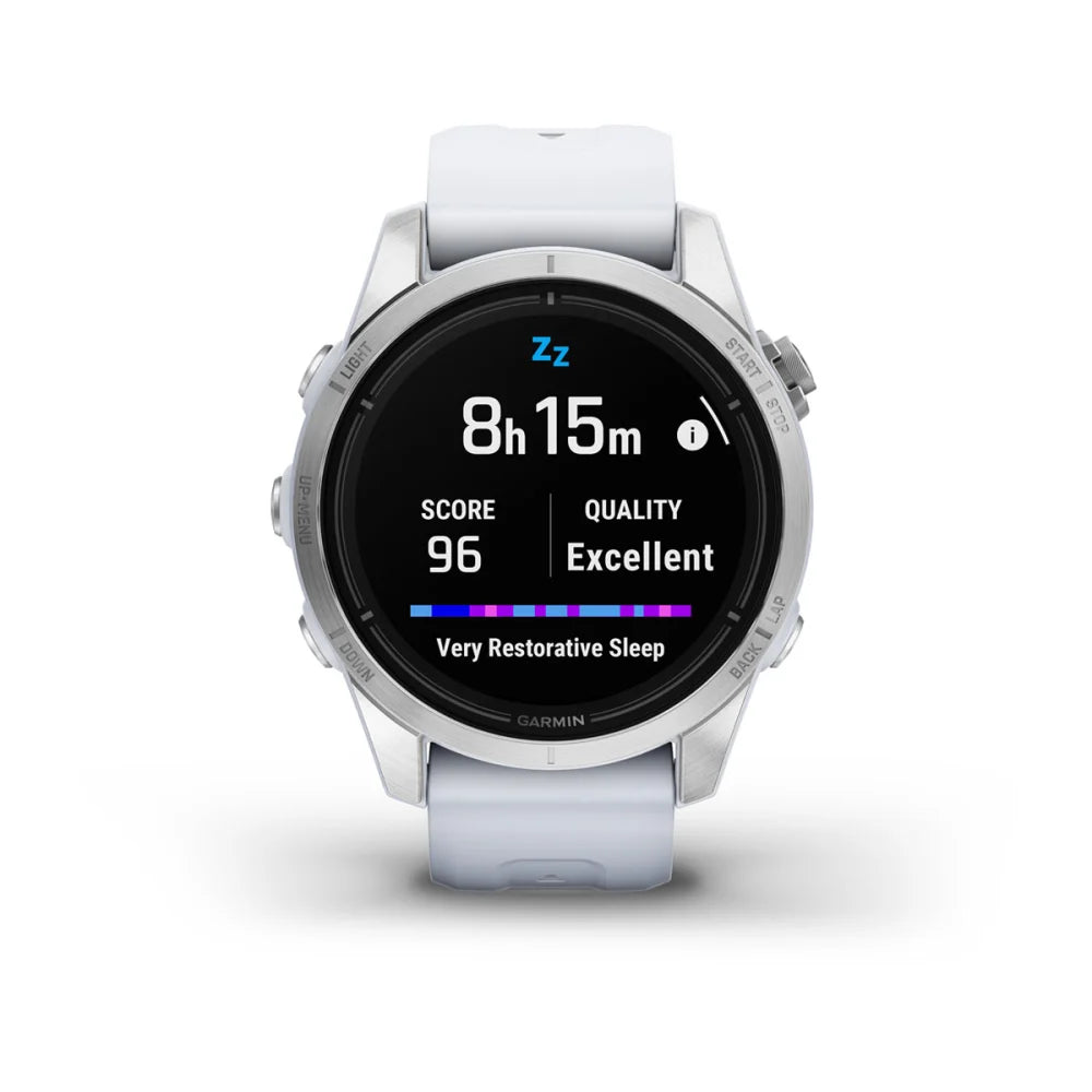 Garmin epix Pro (Gen 2) Standard Edition smartwatch displaying sleep data with a score of 96 and quality rated as excellent, showing 8 hours and 15 minutes of very restorative sleep.