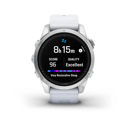 Garmin epix Pro (Gen 2) Standard Edition smartwatch displaying sleep data with a score of 96 and quality rated as excellent, showing 8 hours and 15 minutes of very restorative sleep.